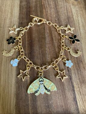 Handmade Gold Tone Charm Bracelet with Yellow Moth & Star Charms